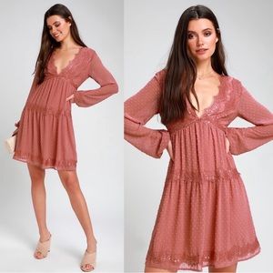 Lulus NWT Wistful Moment Rusty Rose Swiss Dot Long Sleeve Dress